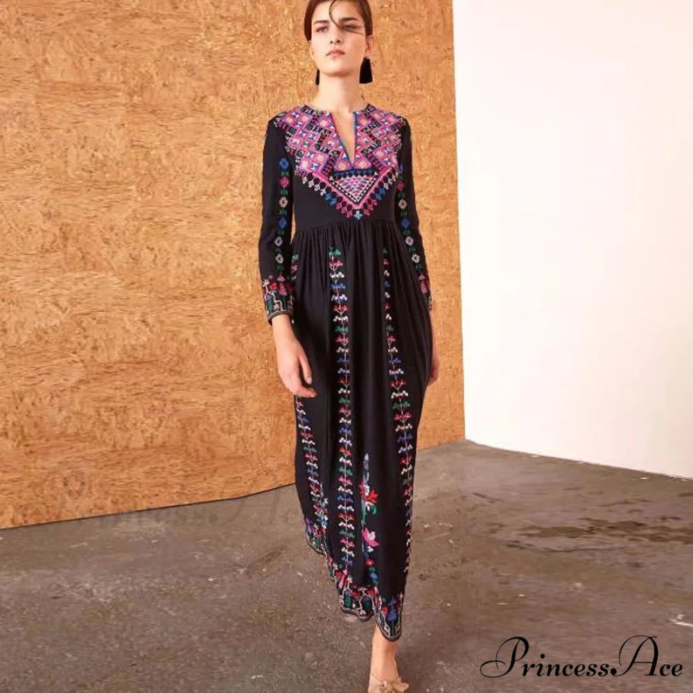 Long Dress Ethnic Floral Embroidery Rayon V-neck Stylish Dress bohodress-250126