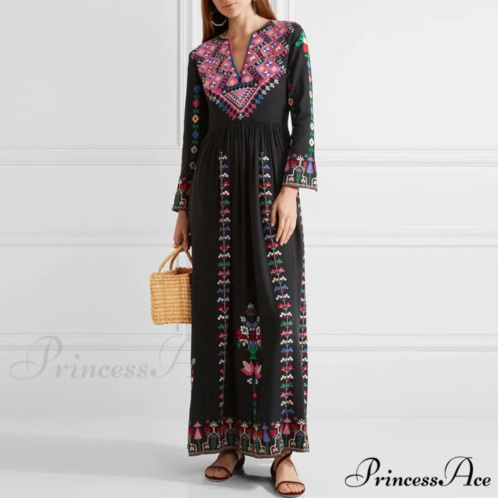 Long Dress Ethnic Floral Embroidery Rayon V-neck Stylish Dress bohodress-250126