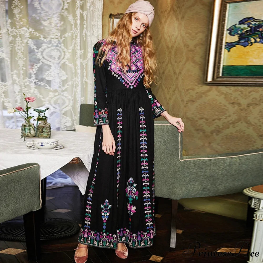 Long Dress Ethnic Floral Embroidery Rayon V-neck Stylish Dress bohodress-250126