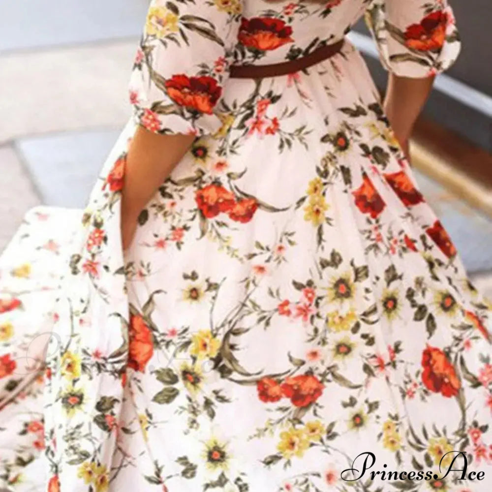 Long Dress Floral Pattern Pleated Swing Evening Dress floraldress-250126