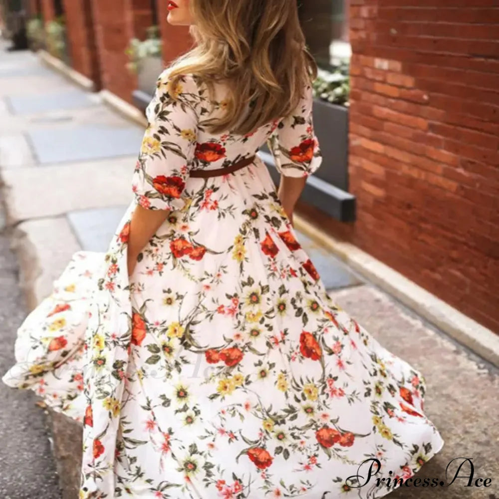 Long Dress Floral Pattern Pleated Swing Evening Dress floraldress-250126