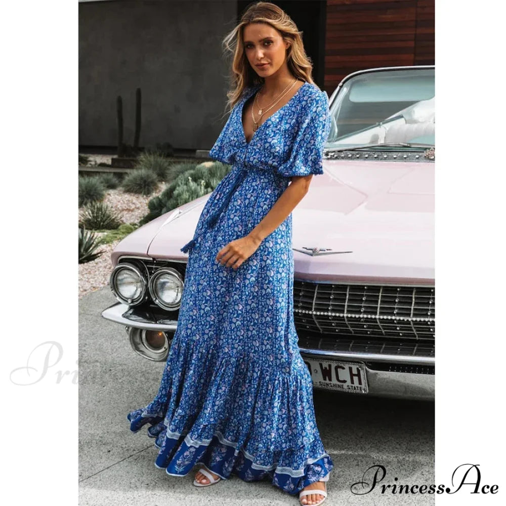 Long Dresses for Women Cotton Rayon Blue Floral Print Deep V-neck Boho Summer Dress bohodress-250126