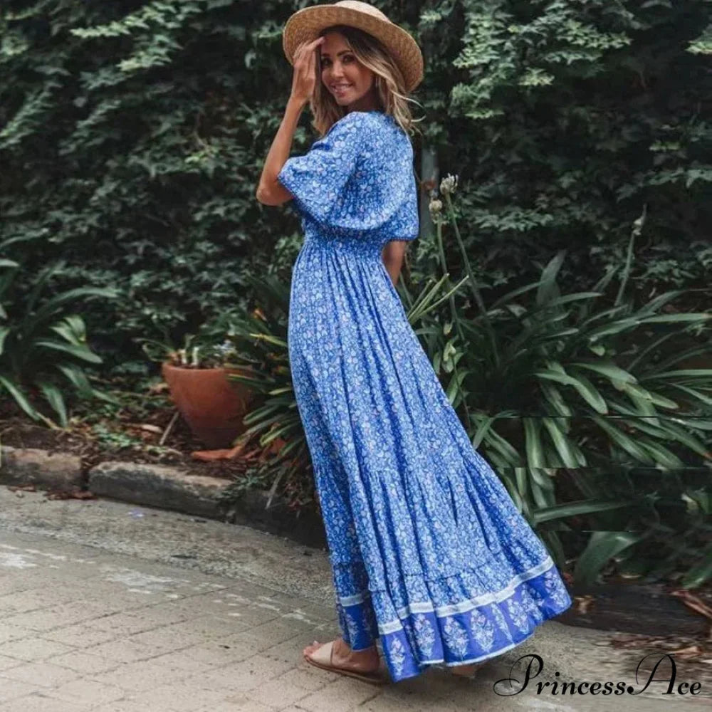 Long Dresses for Women Cotton Rayon Blue Floral Print Deep V-neck Boho Summer Dress bohodress-250126