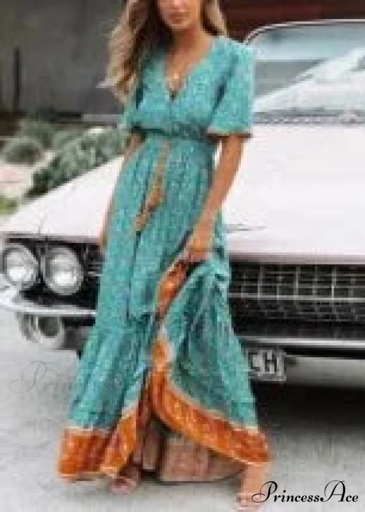 Long Dresses for Women Cotton Rayon Blue Floral Print Deep V-neck Boho Summer Dress Turquoise / S bohodress-250126