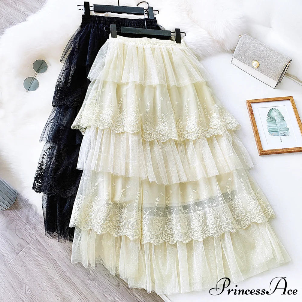 Long Elegant Fashion Lace Skirts Beige / One Size
