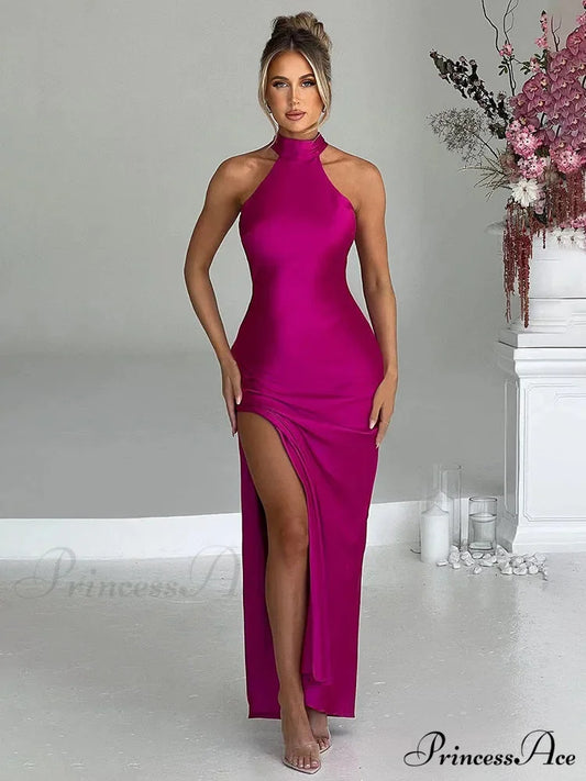 Long Extended Holiday Dress Women Halter Rose Pink / S vacationdress-250223