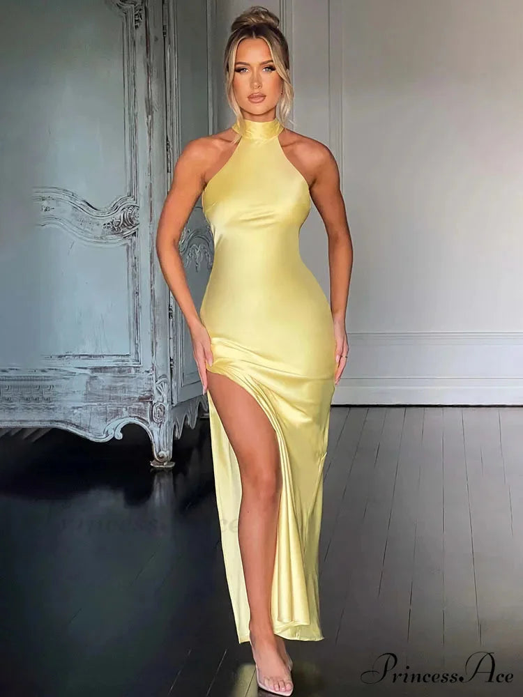 Long Extended Holiday Dress Women Halter Yellow / S vacationdress-250223