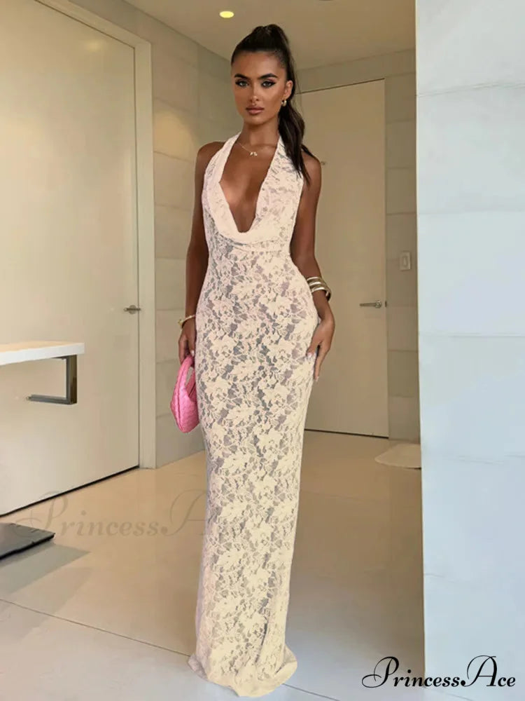 Long Extended Perspective Lace Holiday Dress Beige / S vacationdress-250223