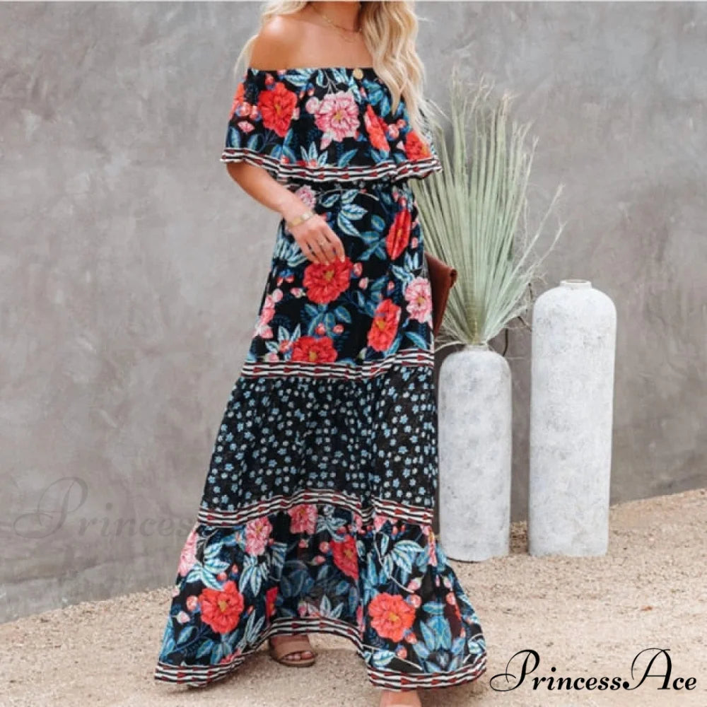 Long Floral Print Casual Elegant Party Dresses Black peony / XXL
