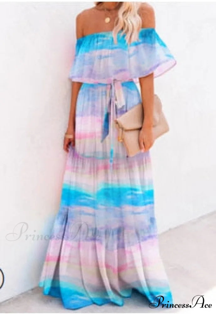 Long Floral Print Casual Elegant Party Dresses Blue transparent / XXL