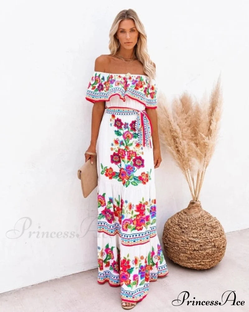 Long Floral Print Casual Elegant Party Dresses White / XXL