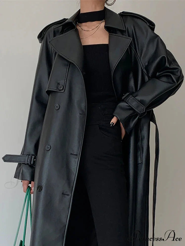 Long Gray Pu Leather Raglan Sleeve Belt Runway Luxury Designer European Fashion Stylish Coat Black / S