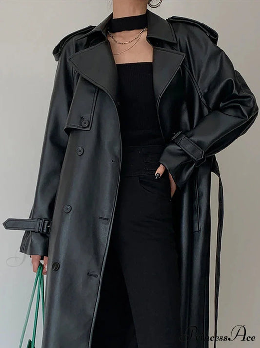 Long Gray Pu Leather Raglan Sleeve Belt Runway Luxury Designer European Fashion Stylish Coat Black / S