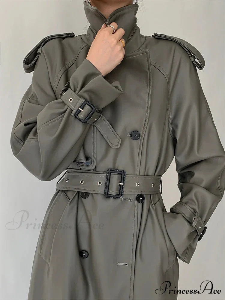 Long Gray Pu Leather Raglan Sleeve Belt Runway Luxury Designer European Fashion Stylish Coat GRAY / S