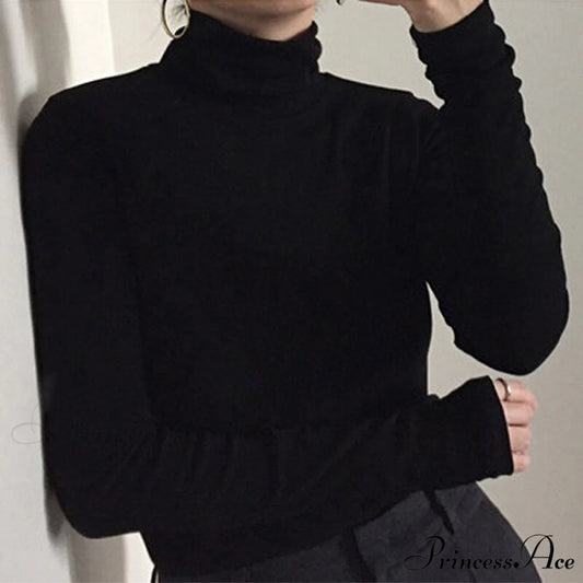 Long Harajuku Arm Turtleneck Women Spring Black T-Shirt Bottoming Autumn Shirts Tee 90s Korean Slim White Solid Tops