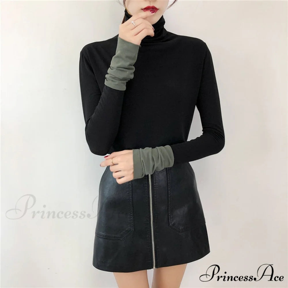 Long Harajuku Arm Turtleneck Women Spring Black T-Shirt Bottoming Autumn Shirts Tee 90s Korean Slim White Solid Tops