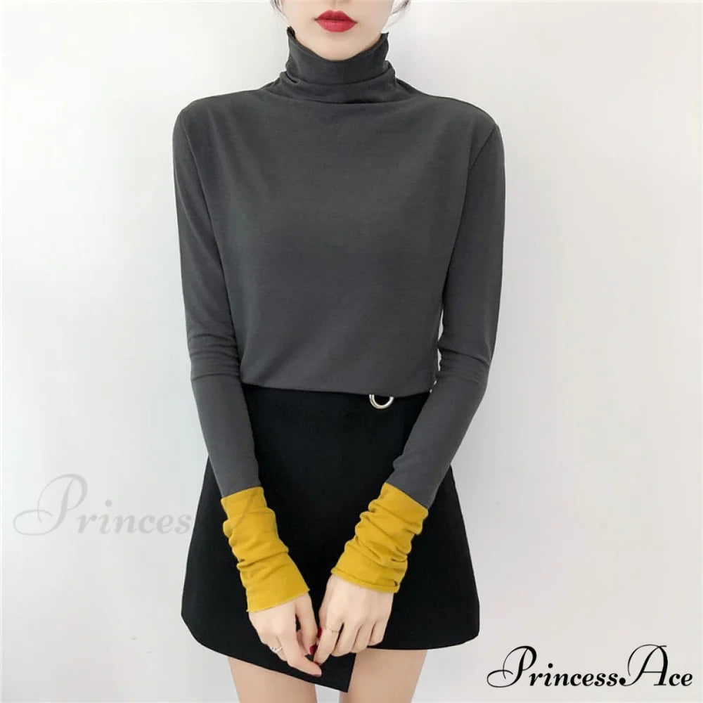 Long Harajuku Arm Turtleneck Women Spring Black T-Shirt Bottoming Autumn Shirts Tee 90s Korean Slim White Solid Tops