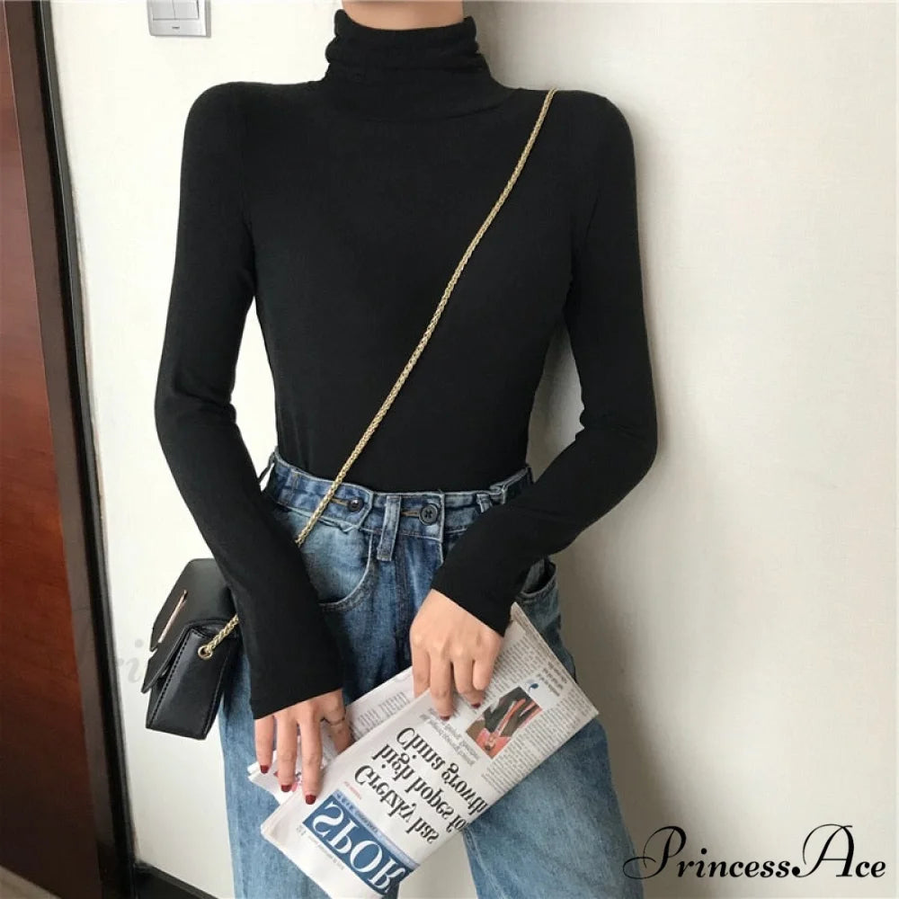 Long Harajuku Arm Turtleneck Women Spring Black T-Shirt Bottoming Autumn Shirts Tee 90s Korean Slim White Solid Tops