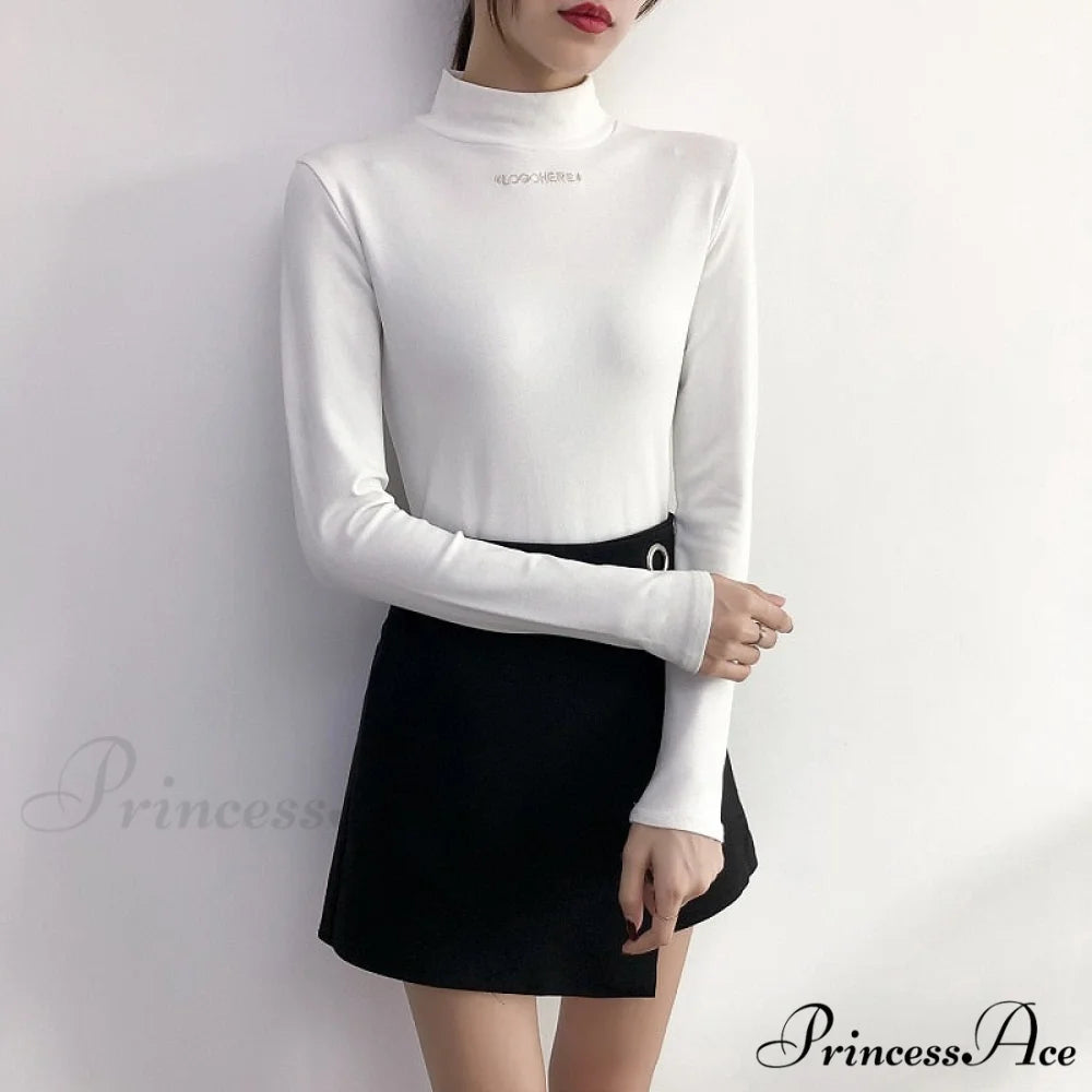 Long Harajuku Arm Turtleneck Women Spring Black T-Shirt Bottoming Autumn Shirts Tee 90s Korean Slim White Solid Tops