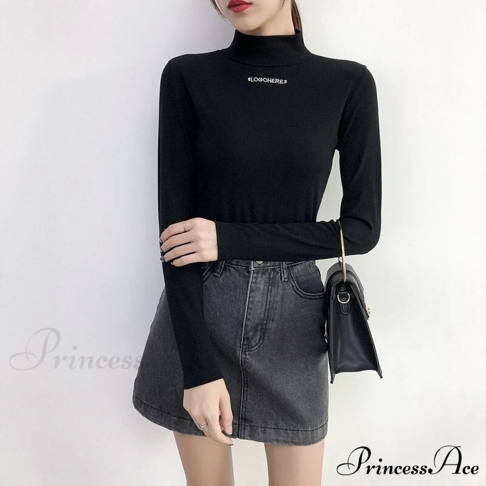 Long Harajuku Arm Turtleneck Women Spring Black T-Shirt Bottoming Autumn Shirts Tee 90s Korean Slim White Solid Tops