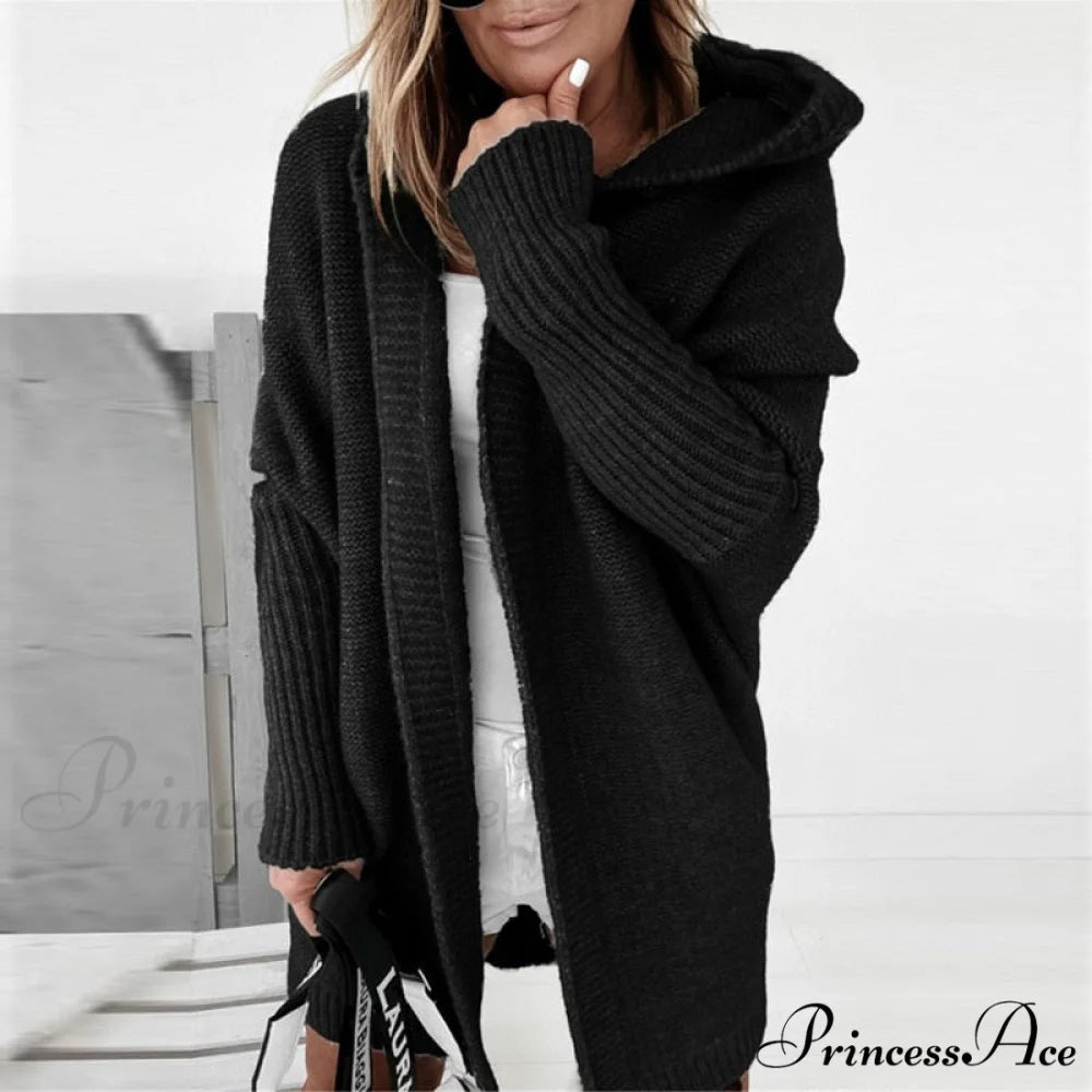 Long Hooded Cardigan Women Solid Color Braid Knit Overcoat Black / S