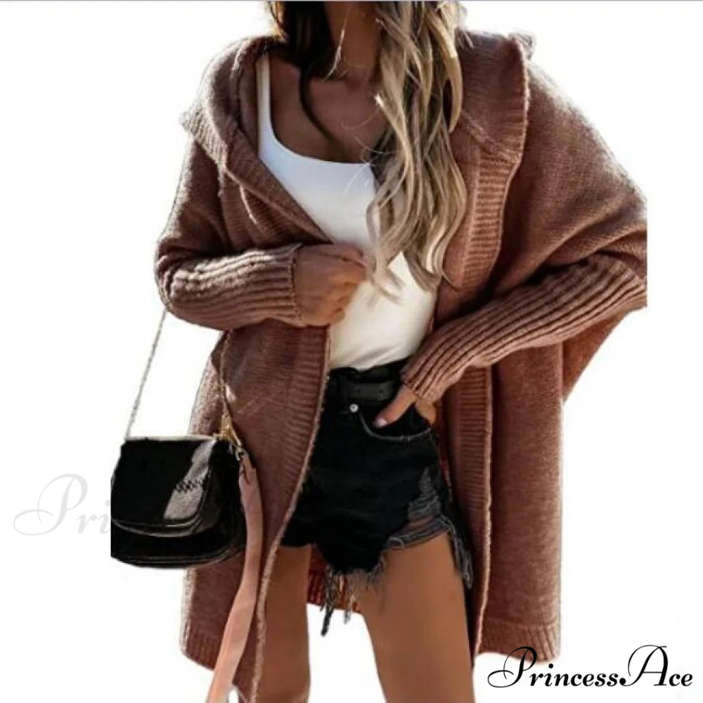 Long Hooded Cardigan Women Solid Color Braid Knit Overcoat Brown / S