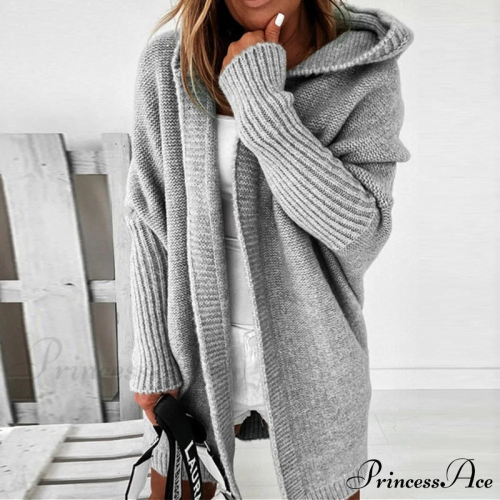 Long Hooded Cardigan Women Solid Color Braid Knit Overcoat Grey / S