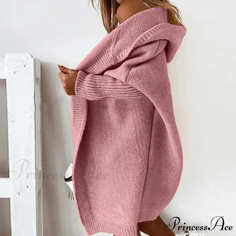 Long Hooded Cardigan Women Solid Color Braid Knit Overcoat Pink / S