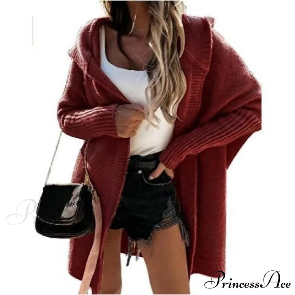 Long Hooded Cardigan Women Solid Color Braid Knit Overcoat Wine Red / S