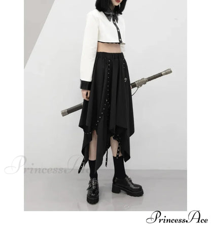 Long Irregular Dark Tie Street Wind Weave Buckle Y2k Skirt BLACK / One size