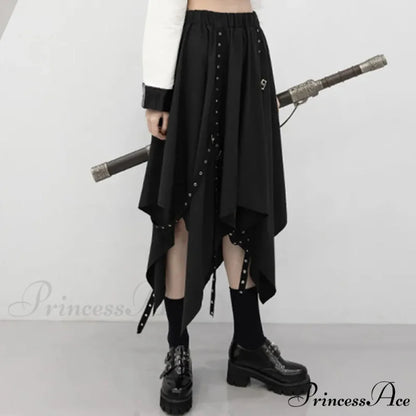 Long Irregular Dark Tie Street Wind Weave Buckle Y2k Skirt BLACK / One size