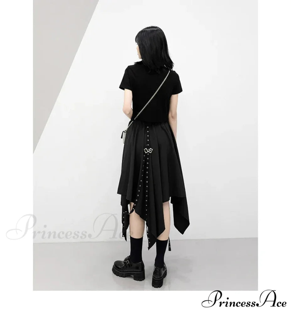 Long Irregular Dark Tie Street Wind Weave Buckle Y2k Skirt BLACK / One size