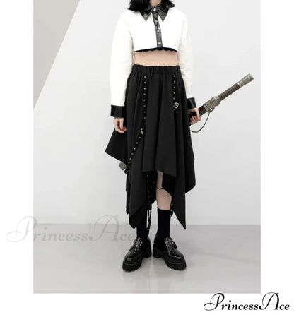 Long Irregular Dark Tie Street Wind Weave Buckle Y2k Skirt BLACK / One size