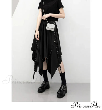 Long Irregular Dark Tie Street Wind Weave Buckle Y2k Skirt BLACK / One size
