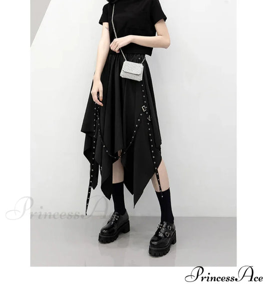 Long Irregular Dark Tie Street Wind Weave Buckle Y2k Skirt BLACK / One size
