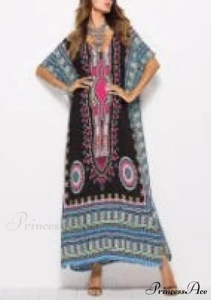 Long Kaftan Dress Rayon Cultural Floral Print Beach Sundress Black / One Size bohodress-250126