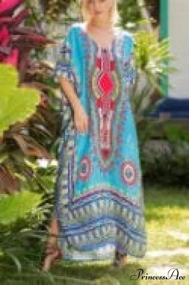 Long Kaftan Dress Rayon Cultural Floral Print Beach Sundress Blue / One Size bohodress-250126