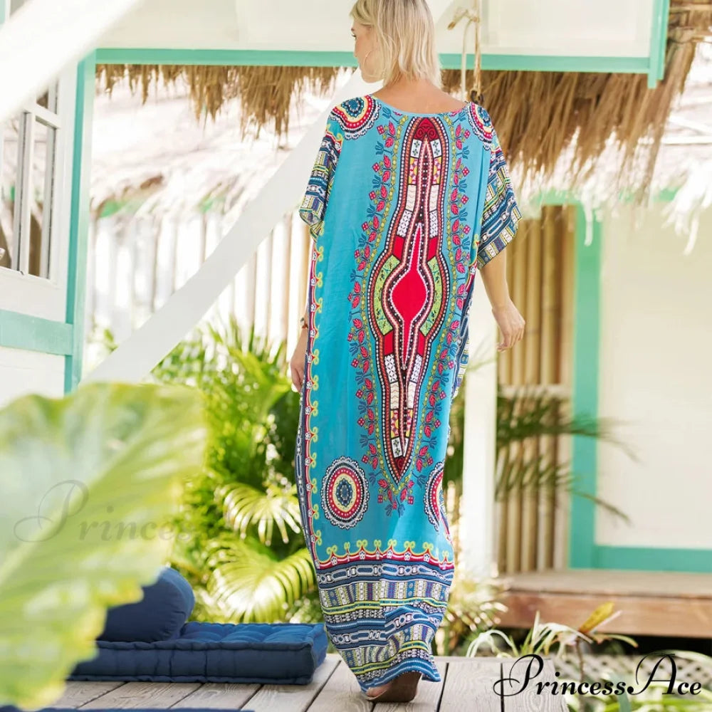 Long Kaftan Dress Rayon Cultural Floral Print Beach Sundress bohodress-250126