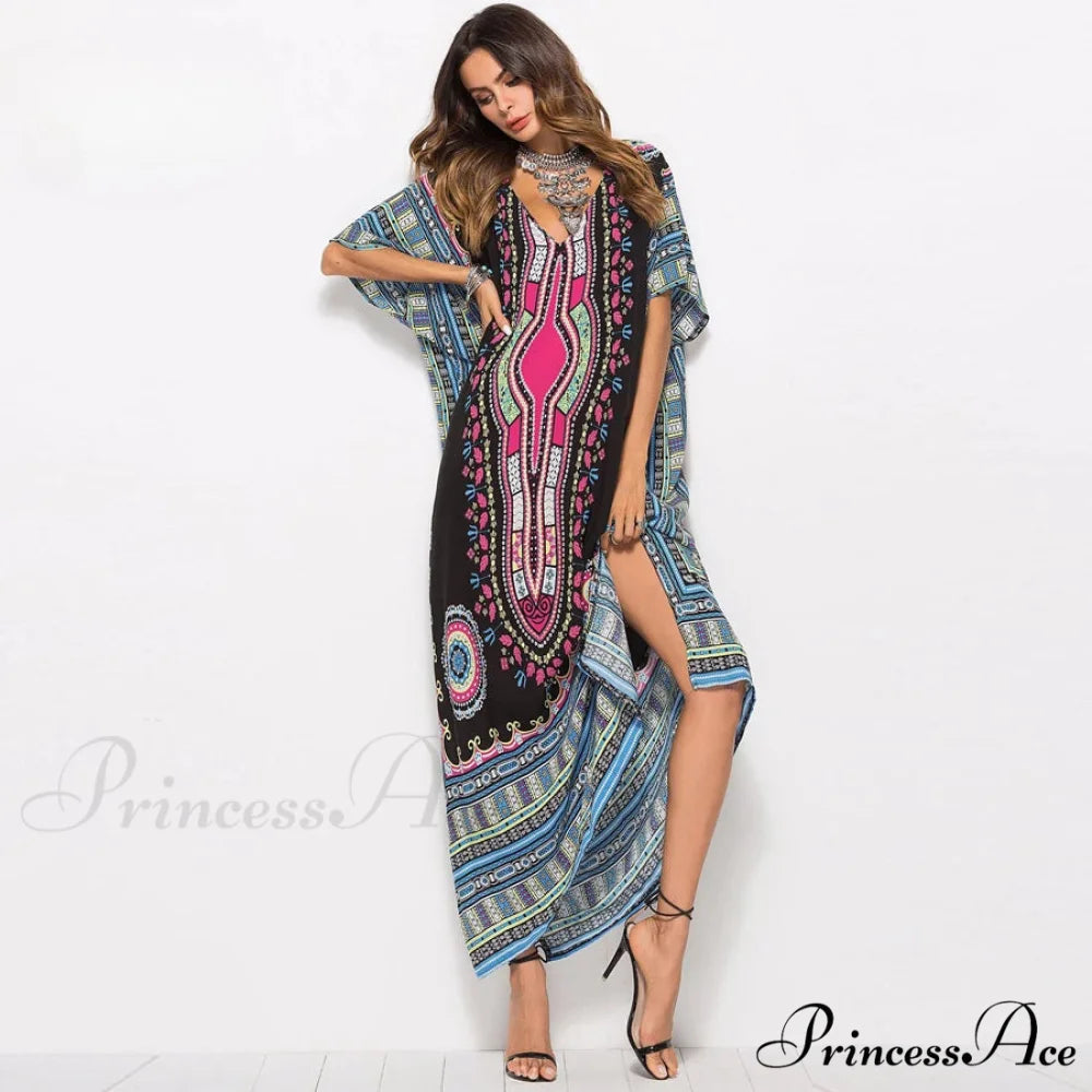 Long Kaftan Dress Rayon Cultural Floral Print Beach Sundress bohodress-250126