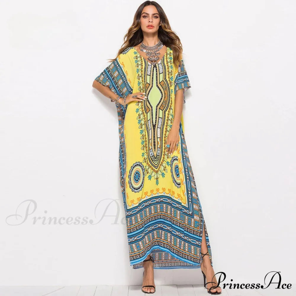Long Kaftan Dress Rayon Cultural Floral Print Beach Sundress bohodress-250126