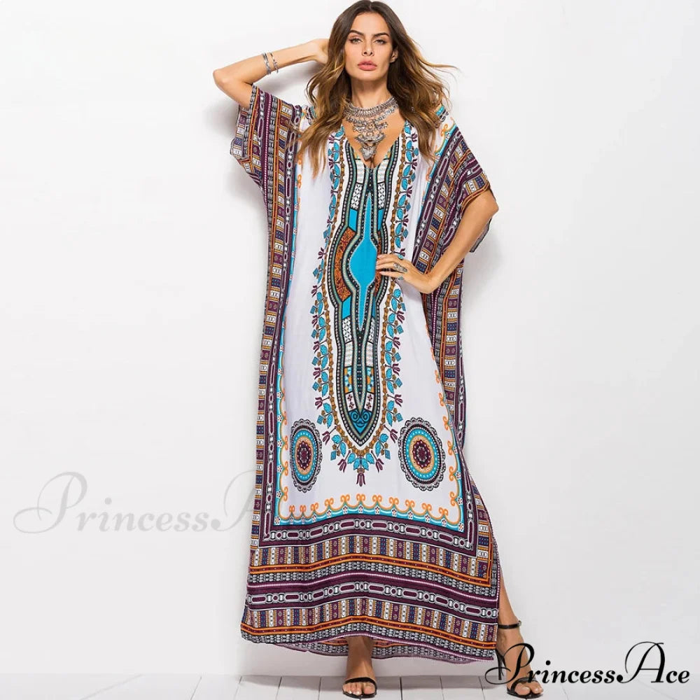 Long Kaftan Dress Rayon Cultural Floral Print Beach Sundress bohodress-250126