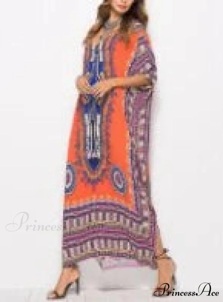 Long Kaftan Dress Rayon Cultural Floral Print Beach Sundress Brown / One Size bohodress-250126