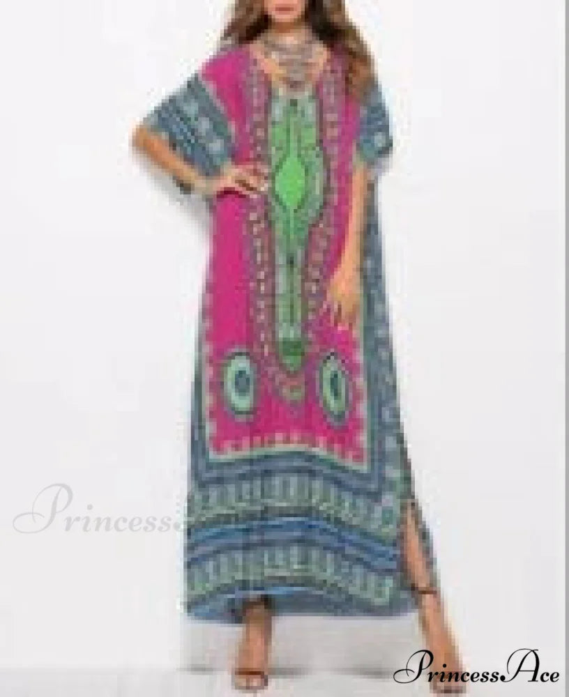 Long Kaftan Dress Rayon Cultural Floral Print Beach Sundress Green / One Size bohodress-250126