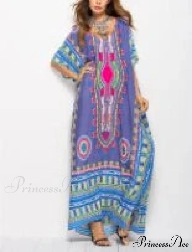 Long Kaftan Dress Rayon Cultural Floral Print Beach Sundress Lavender / One Size bohodress-250126