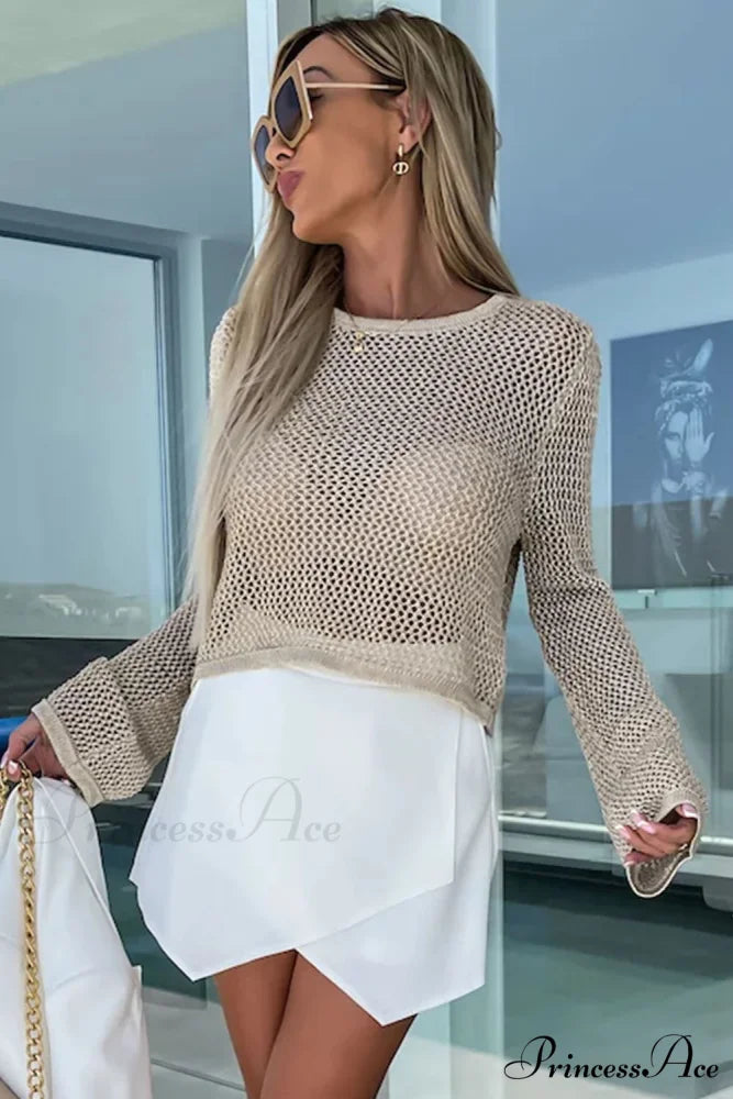 Long Khaki Arm Top Hollow-out Knit with Detail