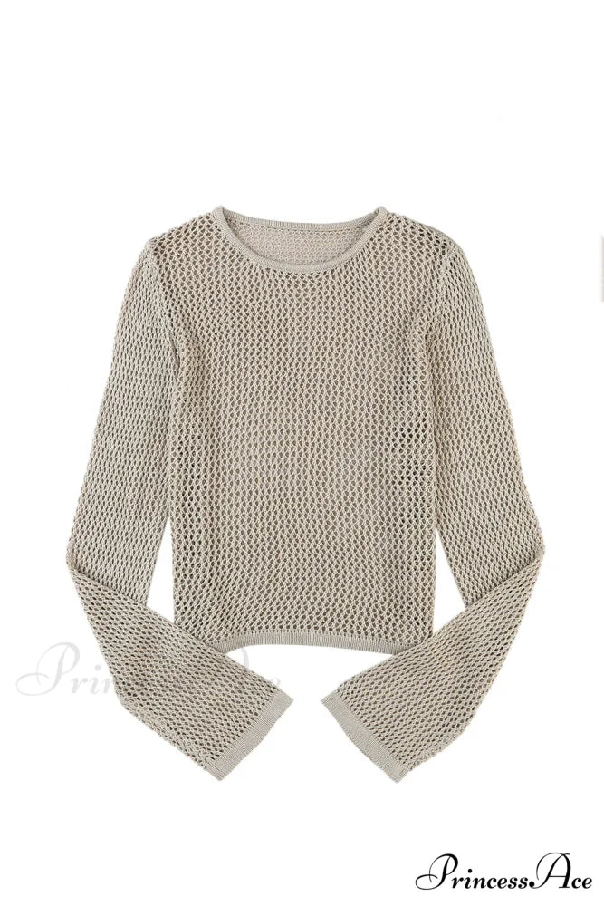 Long Khaki Arm Top Hollow-out Knit with Detail