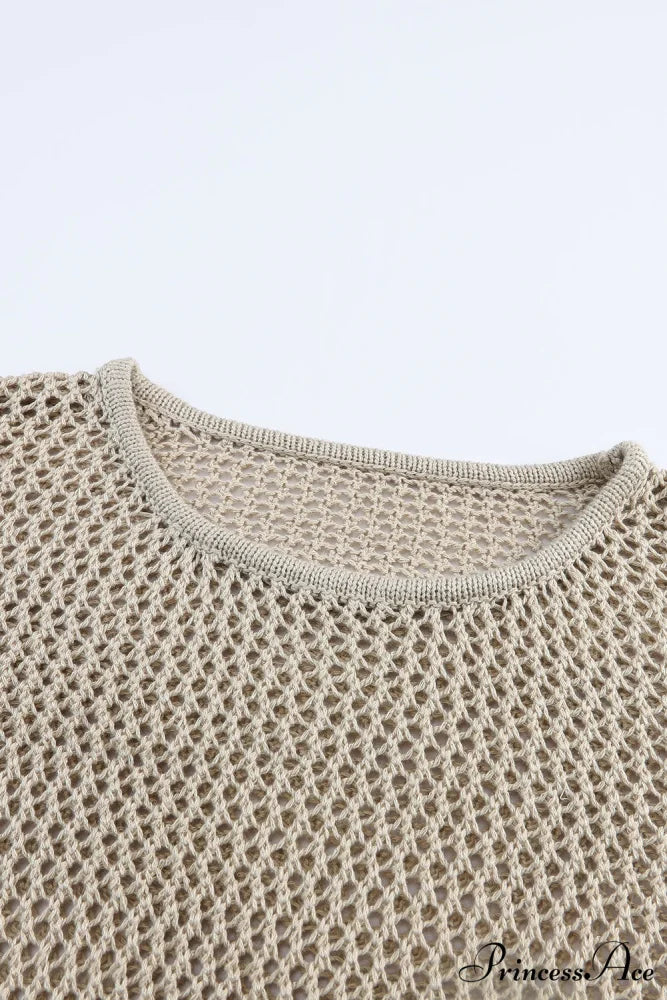 Long Khaki Arm Top Hollow-out Knit with Detail