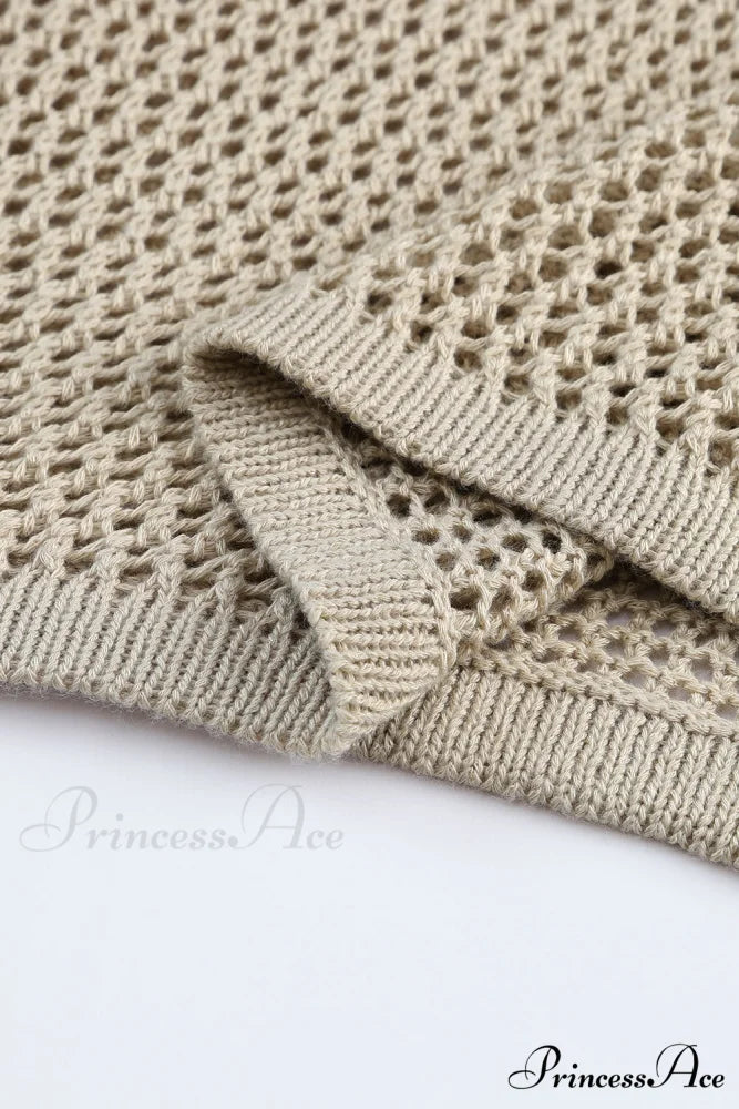 Long Khaki Arm Top Hollow-out Knit with Detail