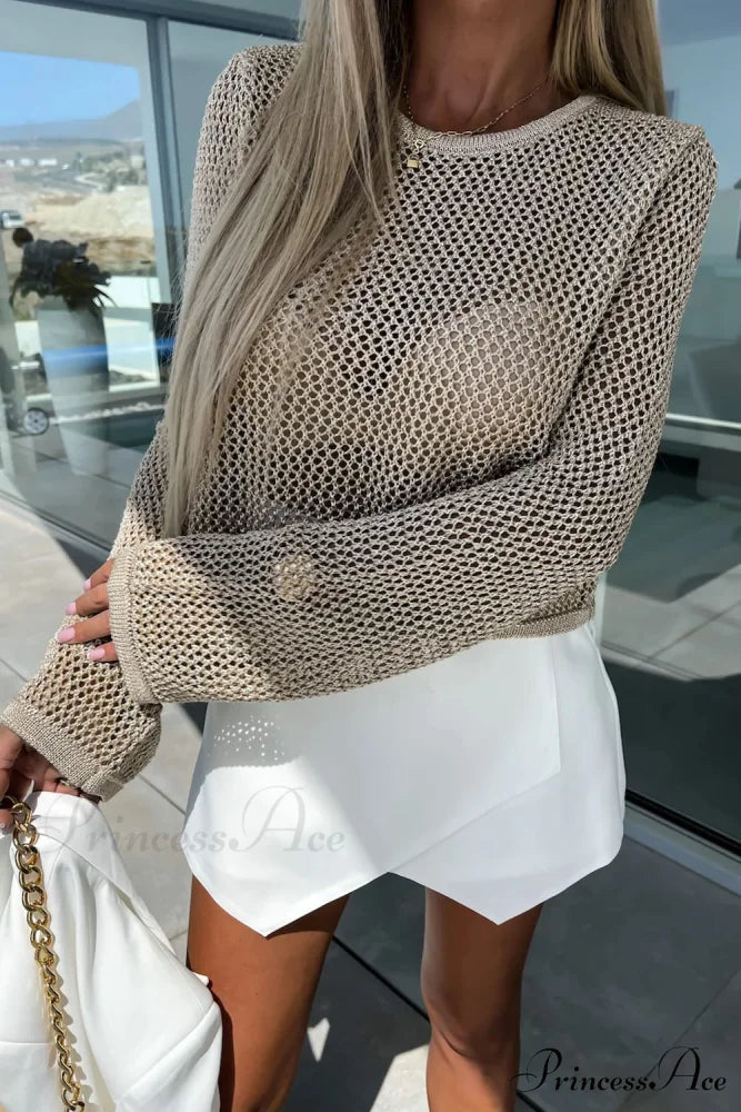 Long Khaki Arm Top Hollow-out Knit with Detail