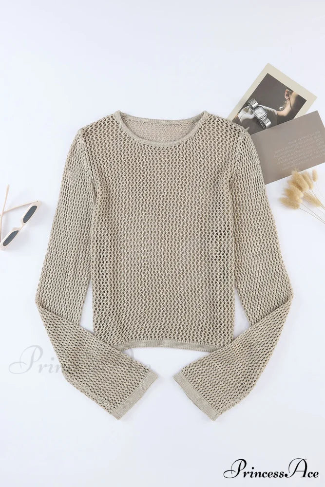 Long Khaki Arm Top Hollow-out Knit with Detail